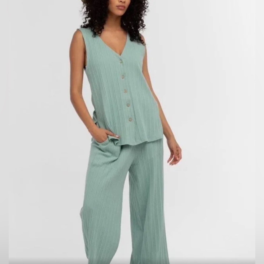 Free People Sage Green Ribbed Button-Front Jumpsuit